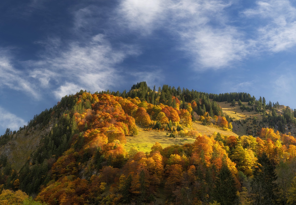 Panorama Allgäu Alpen Berge Oberstdorf Herbst Autumn Spielmannsau Trettach Trettachspitze Oberau Sonnenaufgang Oberallgäu orange rot blauer himmel sonne