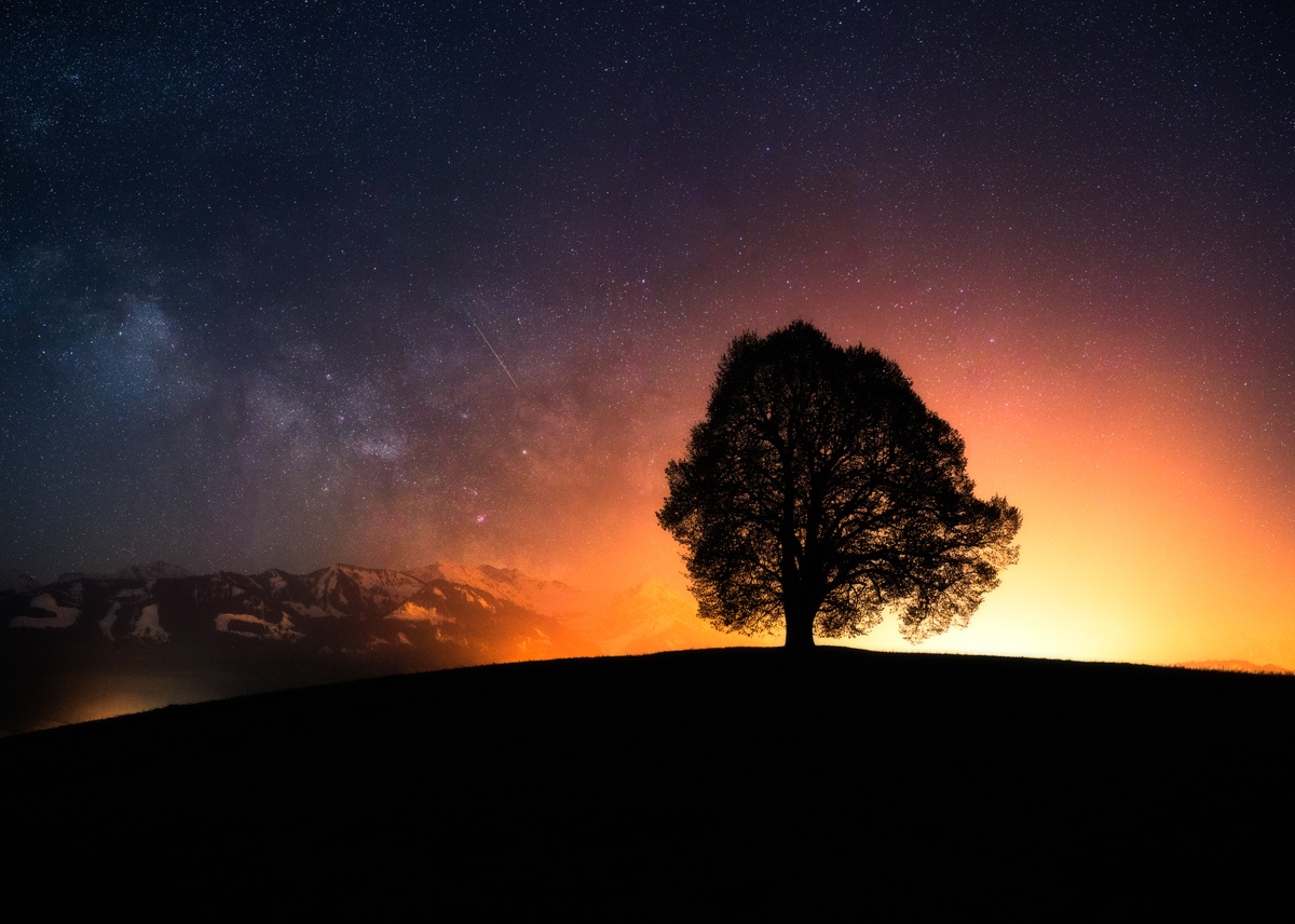 Sternenbild - 8847 - 9f1c917e 1 sternenbild sterne Nacht Sternenhimmel Alpen Berge Sonthofen Wittelsbacher Höhe Fischen Milchstrasse Sterne Nacht Dunkel Baum Bäume Wald schwarz blau orange frühling